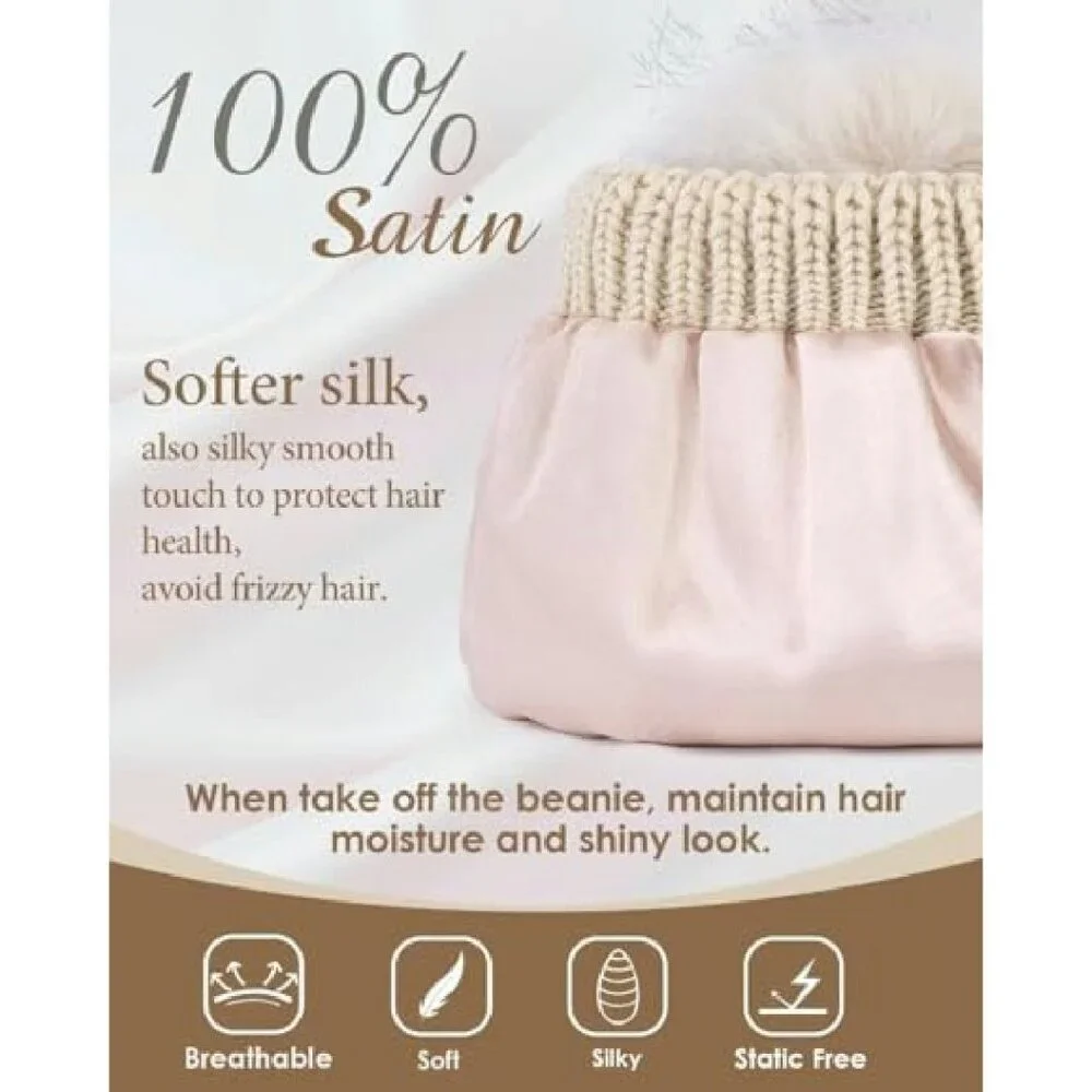 Satin Lined Beanie with Pom Pom, Warm Knit Hat for Women